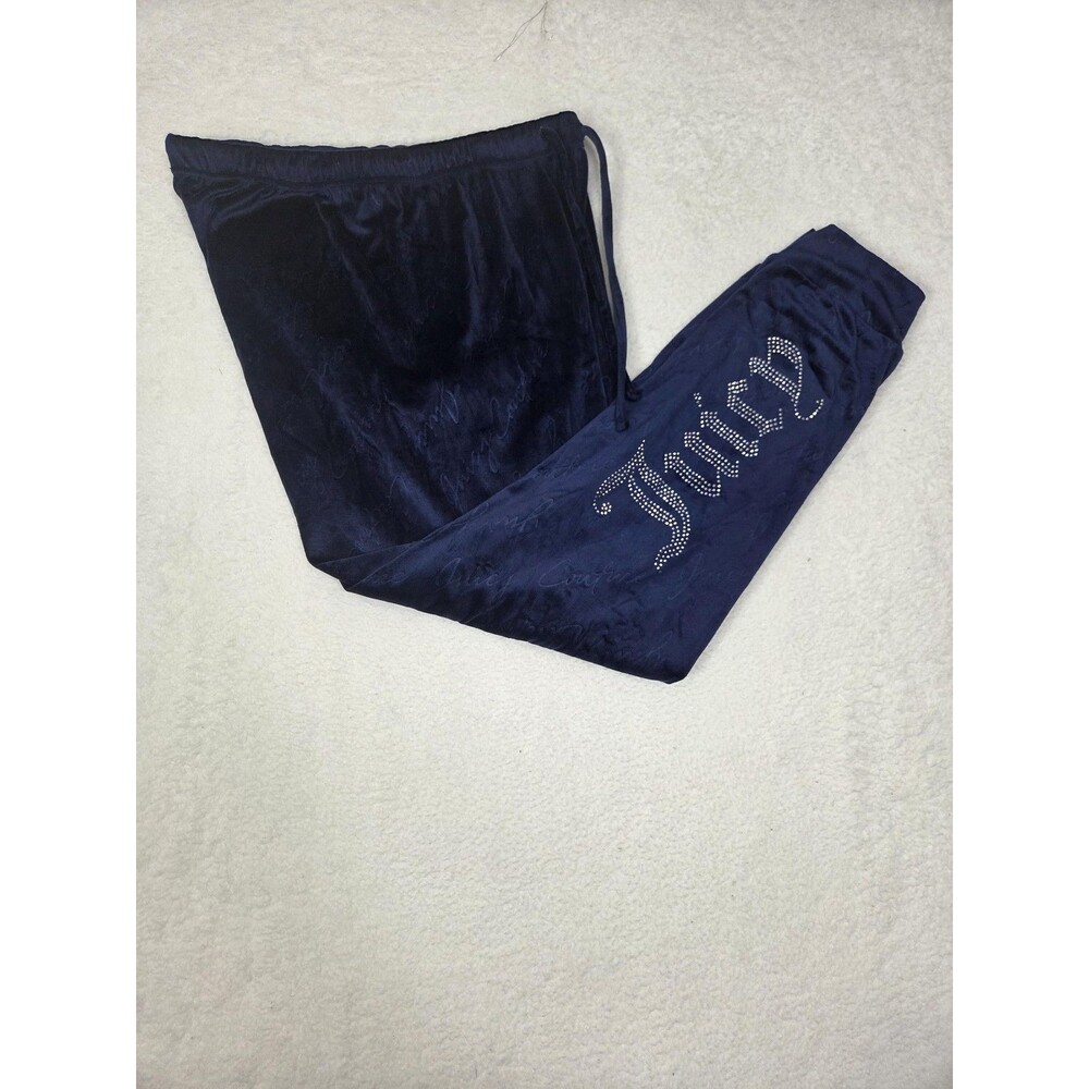 Juicy Couture Blue Velour Track Pants M Joggers Rhinestone Logo Sleepwear Lounge